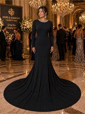 #621 Elegant Black Long-Sleeve Evening Gown with Jewel Neckline-Large -Size 14
